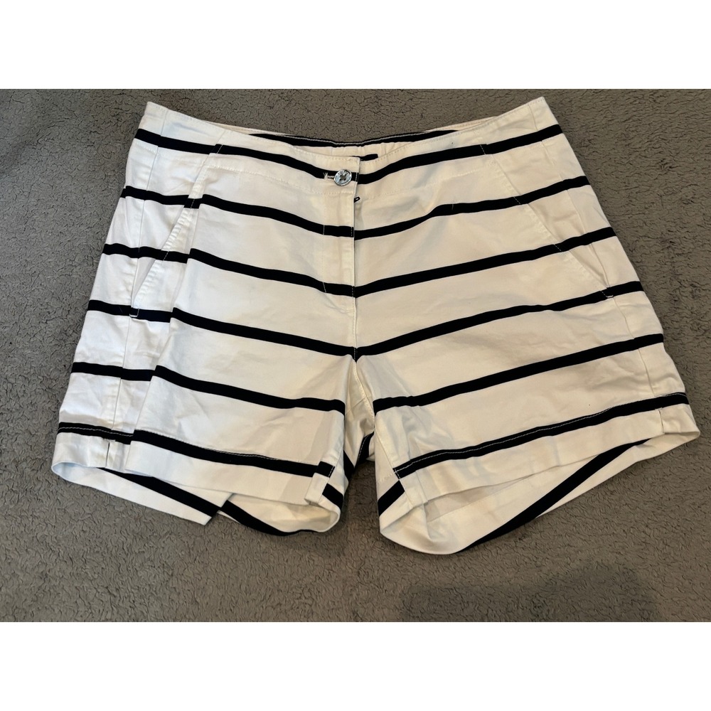 Nautica Womens Striped Chino Shorts White Navy Blue Size 8 Cotton Stretch